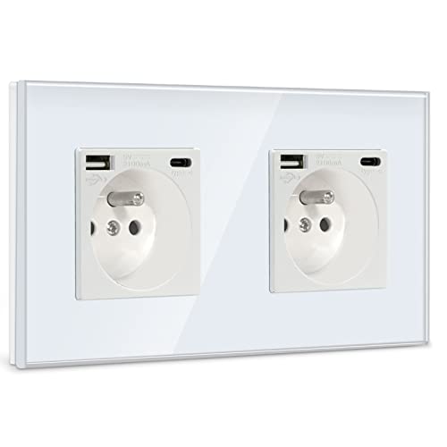 BSEED Double Prise Murale avec USB et 1 Type C,16A Prise de Courant Alternatif avec Panneau en Verre,Multiprise Murale Max 2.1A,Convient au Smartphone, à la...