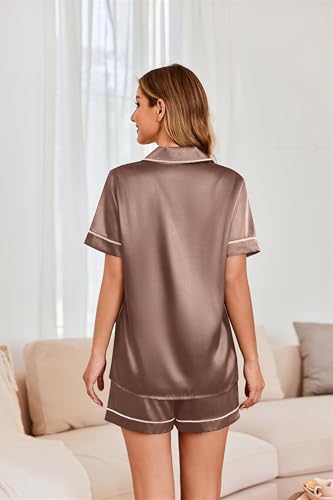 Image of Ekouaer Womens Satin Silk 2 Piece Pajamas Set Short Sleeve Sleepwear | Button Down Top and Shorts Loungewear Set for Sleep, Home, Wedding, Travel, Party, Daily Wear & Great for Sharing