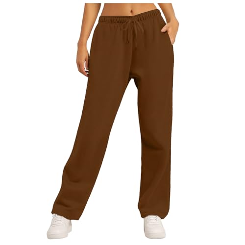 Women's Fleece Lined Sweatpants Winter Straight-Leg Womens Joggers Thermal Warm Tracksuit Bottom Baggy Athletic Jogger Fleece Pants Plain Sports Trousers Jogging Trousers for Ladies (A9-Coffee, L)