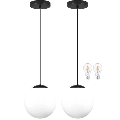 KoKo&Yukina 8" Milk Glass Pendant Lights Kitchen Island 2 Pack Modern Globe Pendant Light Mid-Century Modern Black Pendant Light Fixtures for Dining Room Bedroom Entryway Hallway (Bulb Included)