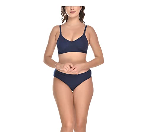 Image of Elina Women's Full Coverage Non Padded with Detachable Strap Cotton Hosiery Bra and Panty Set (Lovia Set)