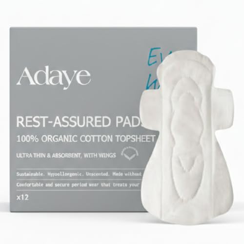 Adaye Organic Pads for Women | 100% Organic Cotton Pads with Wings | Ultra-Thin Hypoallergenic Toxin-Free Unscented Sanitary Pads | Sustainable & Plastic-Free (Pack of 12) Super