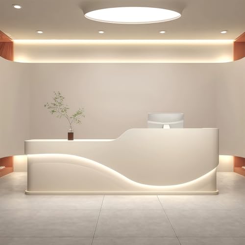 L-Shaped Reception Desk - Modern Reception Desk, Retail Counter and Checkout Desks with Storage Counter and Concealed LED Lighting. No Assembly Required, for Offices, Shopping Malls or Beauty Salons