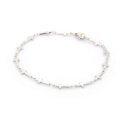 Catholic Stainless Steel Cross Link Chain Bracelet Lobster Gold Silver 7.8' P267 (Silver)