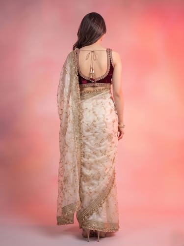 Image of 'Women's Space Sattin Bits Sequence Work Saree With Contrast Running Blouse | Embroidered Work Saree with Golden Floral Thread Work & Designer Border | Party Wedding Saree