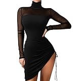 Womens Turtleneck Bodycon Dresses Long Sleeve Sexy See Through Hip Wrap Mesh Mini Dress Formal Evening Party Dress