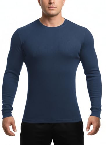 Muhshoiy Men's Crew Neck Ribbed Muscle Henley Shirt, Long Sleeve Thermal T-Shirt, Pullover Undershirt, for Leisure Outdoor Blue L