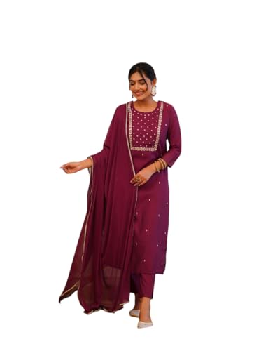 Image of Shiv Textiles Women's Chanderi Silk Embroidered Kurta Pant Dupatta Set(JDA-PRAGATI-Maroon-XXL)