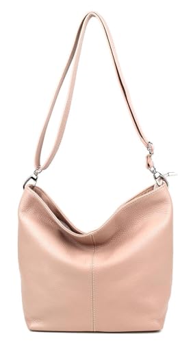 Made in Italy Damen Leder Tasche Umhängetasche Shopper Cross Over Body Bag Handtasche Ledertasche Schultertasche Hobo Bag Altrosa