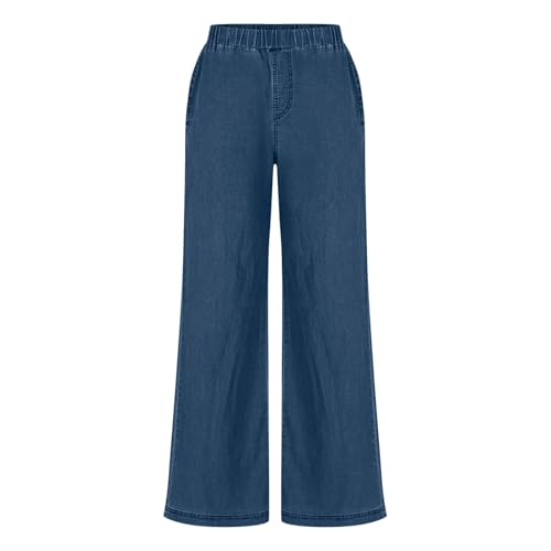 Women Elastic Waist Wide Leg Denim Pants, Classic Baggy Jean Pants Streetwear Fashion Casual Clothes with Pockets