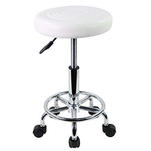 vanity stool with wheels - KKTONER PU Leather Modern Round Rolling Stool with Footrest Height Adjustable Spa Drafting Salon Tattoo Work Massage Stools Task Chair Small (White)