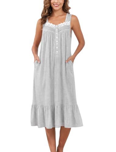 Image of Viakeo Cotton Nightgowns for Women Long House Dress Soft Sleepshirts With Pockets S-3XL