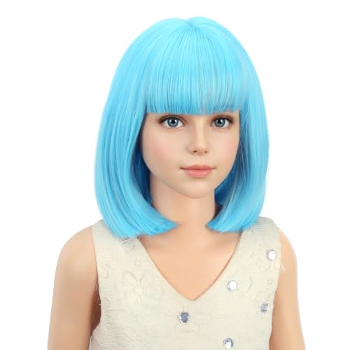 Image of PATTNIUM Kids Light Blue Bob Wig with Bangs Girls Short Sky Blue Bob Wig Cosplay Party Synthetic Rose Net Daily Wear Wig