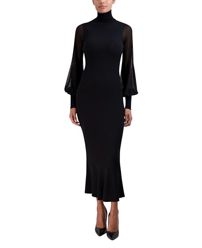 Image of BCBGMAXAZRIA Women's Long Balloon Sleeve Turtle Neck Fluted Pullover Sweater Dress