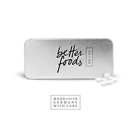 Better Foods Compresse di Vitamina D3 + K2 | Pastiglie Naturali al Gusto di Limone | Aiuto a Giunture, Ossa e Sistema Immunitario | Per Adulti, Adatte ai Vegani | Colecalciferolo da Piante I 60 Pz.