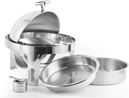 AFLEPCBRQ Roll-Top-Chafing Dish, komplettes Edelstahl-Chafer- und Buffetwärmer-Set mit Lebensmittelpfanne, Wasserpfanne und Brennstoffhaltern für Hochzeiten und Partys (rund, 6 l) – Bild 6