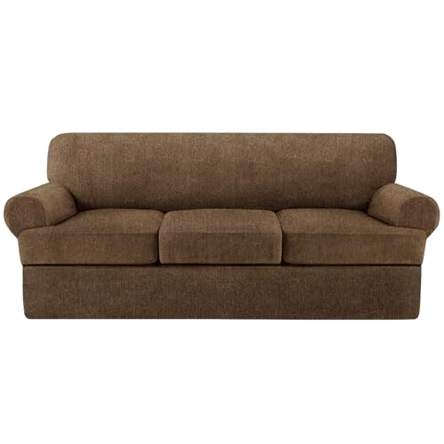 4 Piece T Cushion Sofa Slipcovers Stretch Couch Cover Furniture Covers with 3 Individual T Cushion Covers, Machine Washable for Living Room (Chocolate, 3 Cushions)