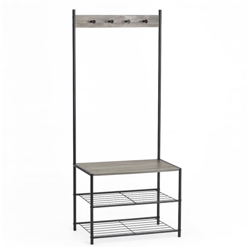 Acomoda Textil - Perchero Zapatero de Entrada con Banco y Estantes para Calzado, Mueble Recibidor con Colgadores, Organización de Zapatos y Abrigos para Hogar, Dormitorio y Oficina 175x60x40 cm