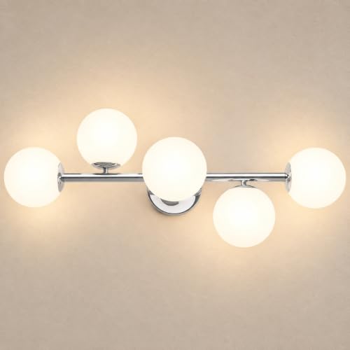 Bathroom Vanity Lights, Mid Century Modern 5-Light Bathroom Light Fixtures, Chrome Bathroom Lights Ceiling Light, Wall Sconces Wall Mount Light Fixtures with Milk Globe Glass, Chrome Finish, G9 Base