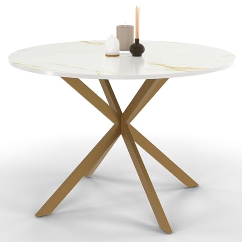 IDMarket - Tavolo da pranzo rotondo Alix 6 persone piede ragno ottone e piano effetto marmo dorato Alaska 110 cm