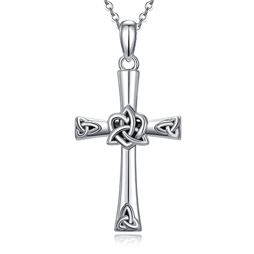 CHIC & ARTSY 925 Sterling Silver Cross Necklace for Women - Trinity Celtic Knot Cross Heart Christian Pendant Necklace Dainty Fine Jewelry For Grandma Mom - 18