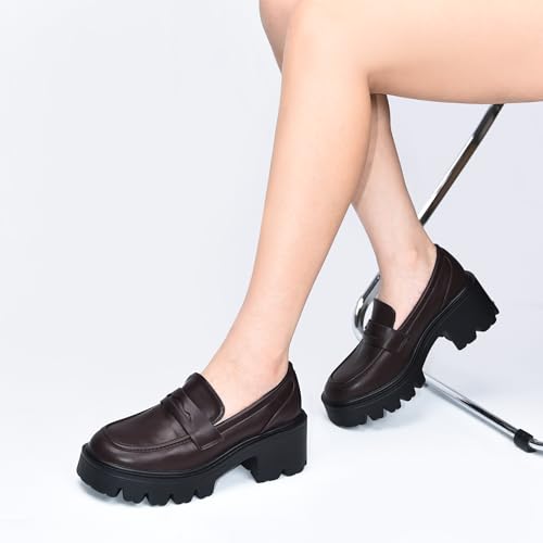 Image of Black Penny Loafers for Women - Women's Slip-On Platform Patent Leather Loafers, Chunky Comfort Shoes for Work & Dressy Occasions