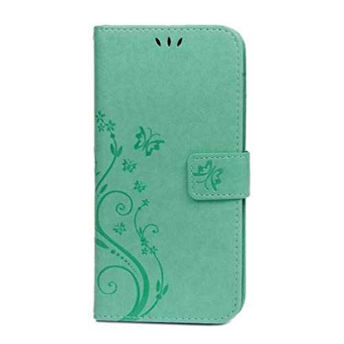 Huawei Y6 2019/Honor 8A Case, PU Leather Notebook Wallet Case Embossed Floral Butterfly with Kickstand Function and Card Slot Shockproof Slim Flip Case Protective Skin Cover mint green