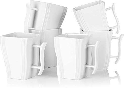 MALACASA, Series Flora, 6-Piece 4.5" Porcelain Cups 11.5 OZ Ivory White China Square Coffee Mugs Coffee Service Mug Set