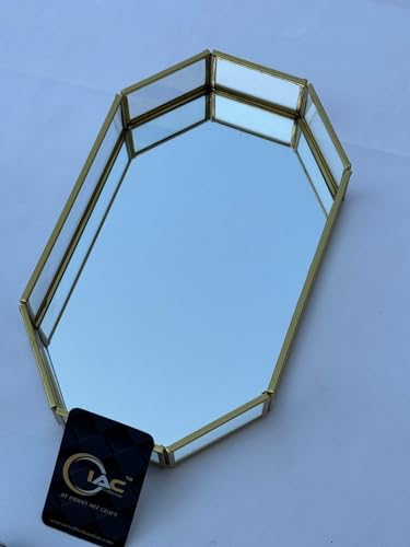 Image of Octagonal Glass Mirror Tray With Brass Rim, Makeup Tray For Decor Jewellery Organiser, Vanity Organiser For Accent Table (10x6x1.5 inches)