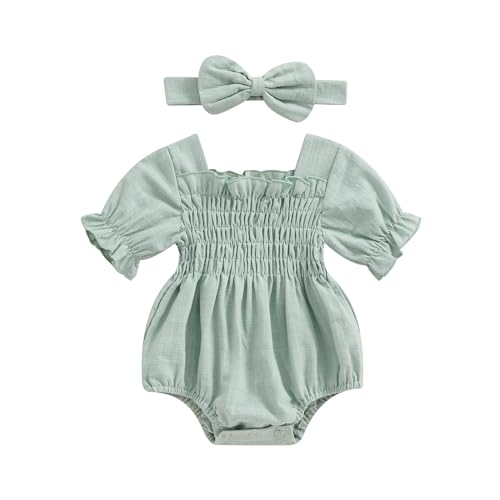 Infant Baby Girls Romper Ruffle Sleeve Pleated Smocked Bubble One Piece Ruched Jumpsuit Boho Summer Bodysuit