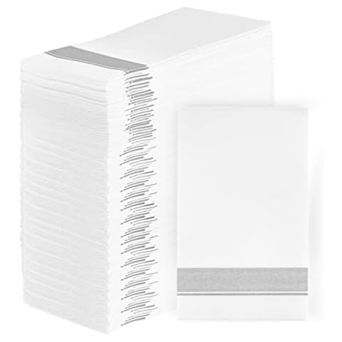 PARTY BARGAINS Disposable Linen-feel Paper Guest Towels - (100 Pack) 13" x 16" White w/Silver Print Cloth-like Paper Hand Towels for Bathroom, Soft, Durable Paper Napkins for Dinner, Wedding & Party Cover