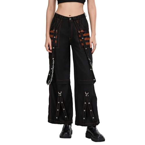 Women Cargo Baggy Pants Y2K Punk Low Waist Wide Leg Denim Bootcut Jeans Vintage Hip Hop Blokette Strap Chain Streetwear