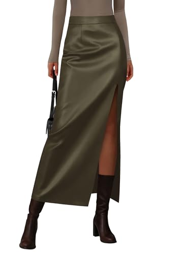 PRETTYGARDEN Womens Faux Leather Skirts 2025 Fall Fashion Bodycon High Waisted Slit Work Office Winter Maxi Long Pencil Skirt
