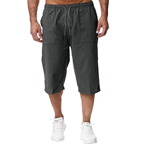 Men's Linen Shorts Casual Drawstring 3/4 Pant Lightweight Capri Shorts Elastic Waist Summer Beach Pants with Pocket
