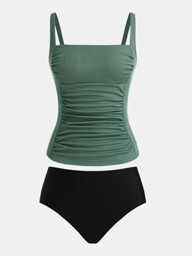 Image of CUPSHE Women's Tankini Sets Two Piece Bathing Suits Tummy Control Square Neck Adjustable Straps Ruched Ribbed