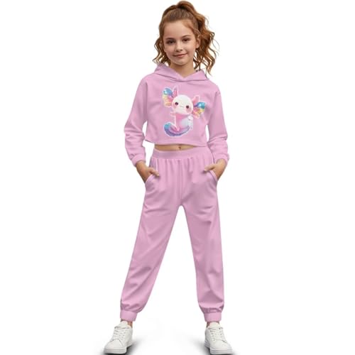 Mintulipy Axolotl Print Girls Athletic Sweatsuit, Super Soft 2 Piece Set for All-Day Comfort, Breathable Hoodie and Pants for Active Girls 4-13