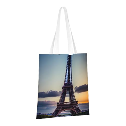 Eiffel Tower Print Reusable Canvas Tote, Shopping Bag With Handles For Daily And Grocery Use2