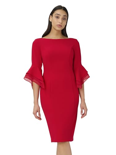 Image of Adrianna Papell Stretch Knit Crepe Sheath Dress with Tiered Organza Bell Sleeve