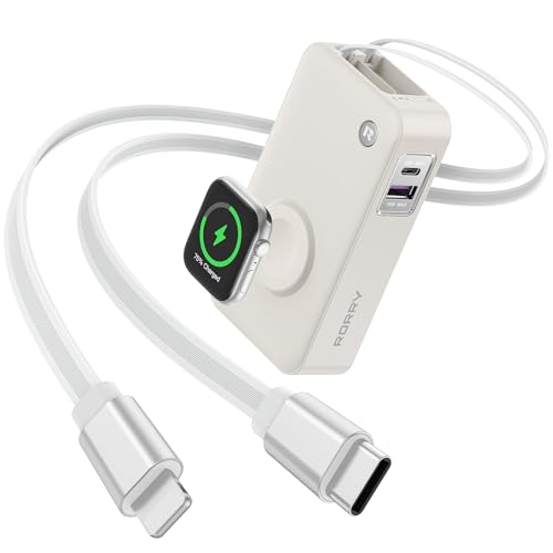 RORRY Portable Charger 10 000mAh 30W Fast Charging Power Bank with Built-in Retractable Cables Travel Battery Pack for iPhone 17/16/15/14/13/12 Apple Watch iPad and More Starlight