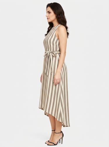 Image of Women Fit & Flare High Low Midi Dress | Sleeveless Round Neck One Piece Dress with Waist Tie Detail | Flowy Western Dress for Party and Casual Styling