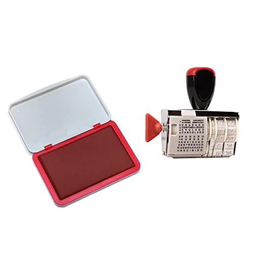 Sello fechador con texto y Almohadilla de tinta para sellos (con 11 palabras en Español, 65 x 75 mm, tinta roja)