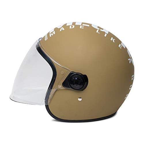 Image of ROYAL ENFIELD Open Face MLG Riding Helmet with Clear Visor | Impact Protection | Excellent Scratch Resistance | Anti-Microbial Fabric | ISI certified | Micrometric lock MATT DESERT STORM (L)58 CM