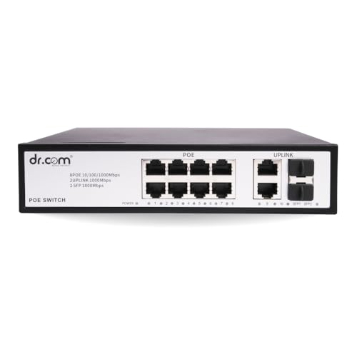 Image of dr.com 12 Port Gigabit PoE Switch with 8 PoE Ports 2 Uplink Ports and 2 SFP Slots 10 /100 /1000 Mbps 120W Power IEEE 802.3af /at Network Switch for CCTV Plug and Play Metal Body Black