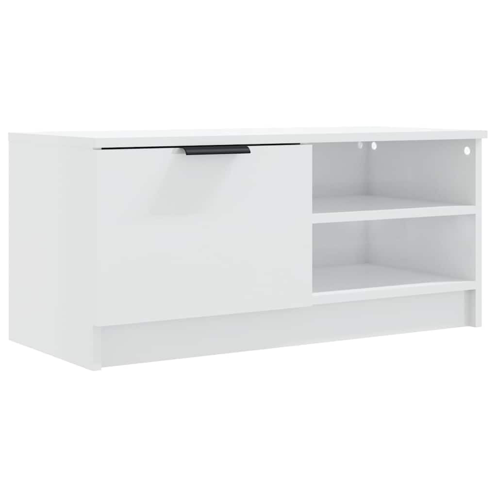 Set di 2 mobili per TV, in legno bianco lucido, 80 x 35 x 36,5 cm, con cassetto e scomparti, per soggiorno, home theater e camera da letto