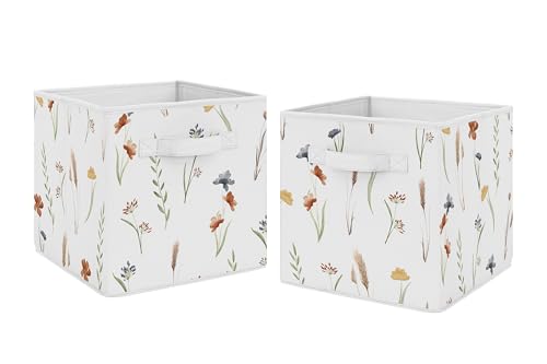 Image of Sweet Jojo Designs Boho Floral Garden Flower Girl Collapsible Fabric Storage Cubes Foldable Bins Organizer Boxes Kid Baby Childrens Toy Set of 2 Watercolor Bohemian Farmhouse Vintage Shabby Chic Green