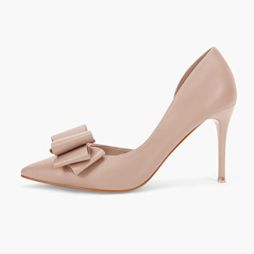 Image of Womens Bow Heels Closed Pointed Toe Dress Shoes Stiletto Slip on Wedding Pumps