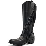 Larwen Western Cowgirl Boots Women: Knee High Wide Calf Fringe Cowboy Party Shoes for Country Concert