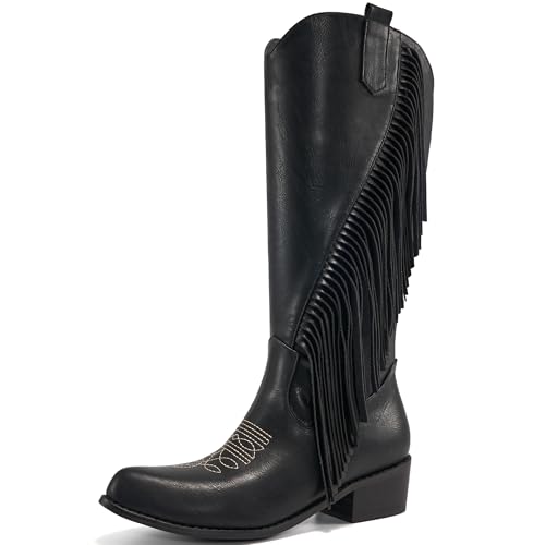 Larwen Western Cowgirl Boots Women: Knee High Wide Calf Fringe