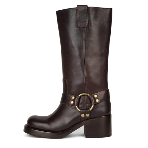 Image of Women's Knee High Riding Boots Chunky Heel Wide Calf Motorcycle Boots with Side Zipper