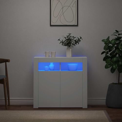 HaoChrymec Buffet avec lumières LED RVB, Meuble laqué Blanc, bahut Salon, Meuble Salon Rangement, Buffet Salle à Manger, Commode Cuisine, 80 x 35 x 75 cm